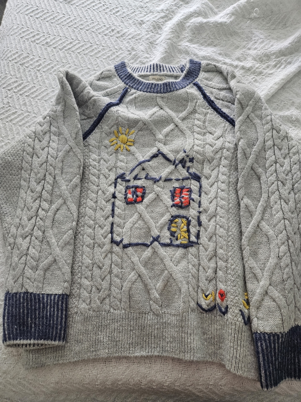 Anthropologie Pilcro Knit Sweater with Embroidered Cottage Motif - Picture 3 of 5